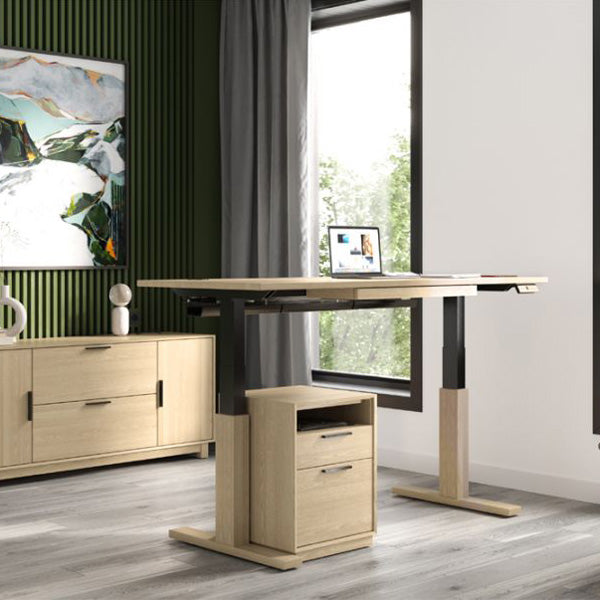 Invigo Large Sit-Stand Rectangle Desk with Cutout Wire Pass Grommet (Left) by Copeland Furniture, showing invigo large sit-stand rectangle desk with cutout wire pass grommet (left) in live shot.