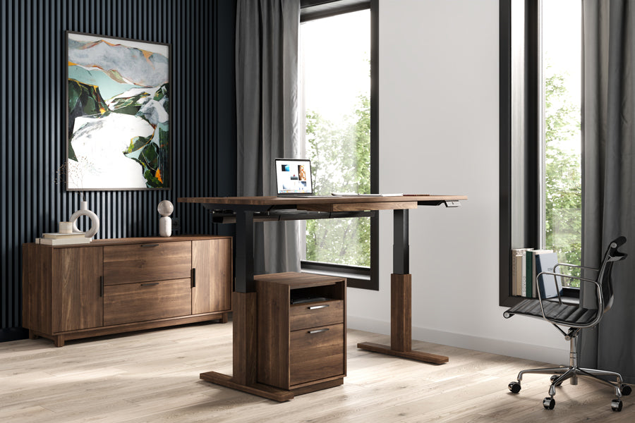 Invigo Large Sit-Stand Rounded Rectangle Desk with Wire Pass Grommet (Right) by Copeland Furniture, showing invigo large sit-stand rounded rectangle desk with wire pass grommet (right) in live shot.