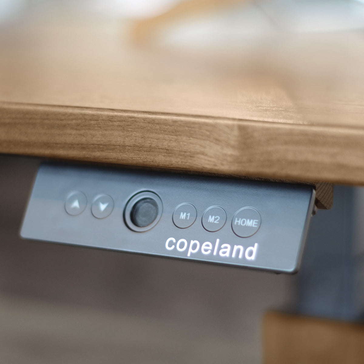 Invigo Small Sit-Stand Rounded Rectangle Desk with Wire Pass Grommet (Right) by Copeland Furniture, showing closeup view of invigo small sit-stand rounded rectangle desk with wire pass grommet (right) in live shot.