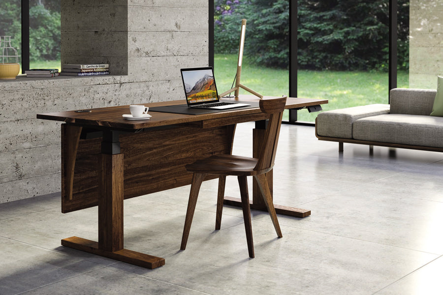 Invigo Small Sit-Stand Rounded Rectangle Desk with Wire Pass Grommet (Right) by Copeland Furniture, showing invigo small sit-stand rounded rectangle desk with wire pass grommet (right) in live shot.