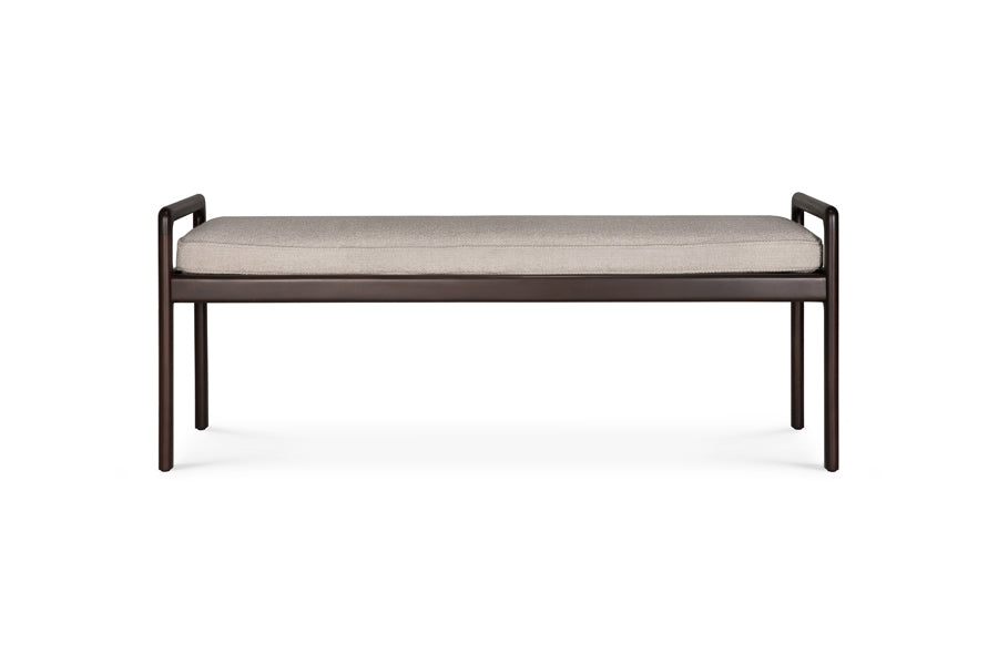 Jack Bench by Ethnicraft, showing front view of jack bench in mahogany dark brown/ivory fabric.