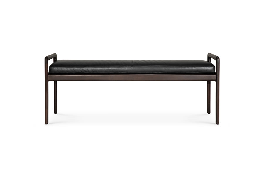 Jack Bench by Ethnicraft, showing front view of jack bench in mahogany dark brown/black leather.