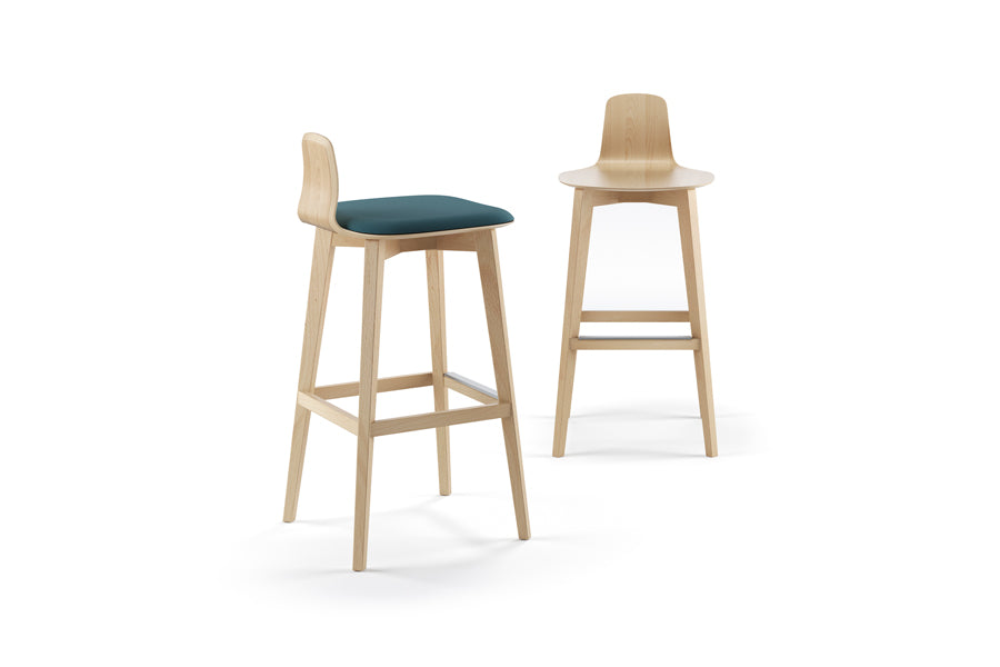Jay Stool by Kollektiff, showing different angle view of jay stools in natural beechwood/upholstery.