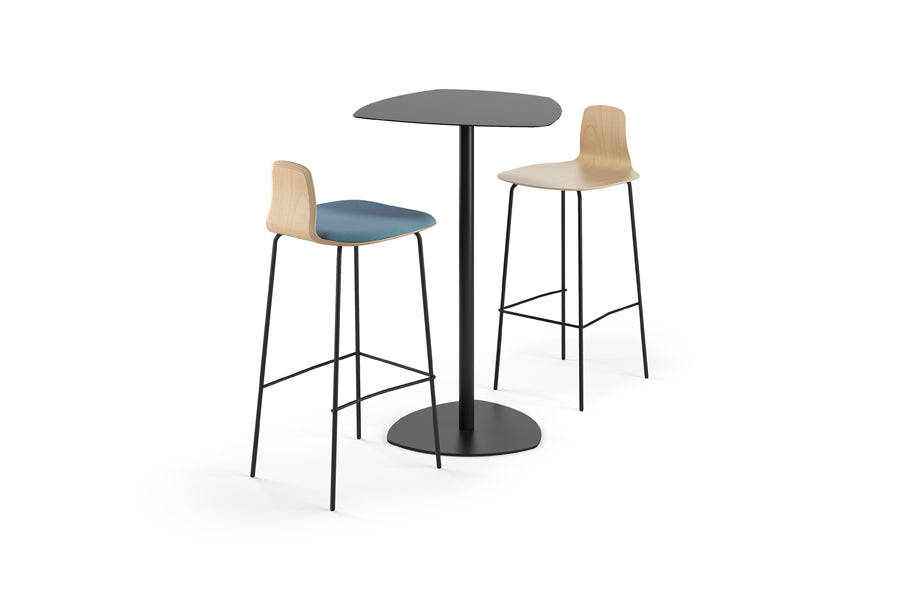 Jay Stool by Kollektiff, showing different angle view of jay stools in black metal/upholstery with bar table.