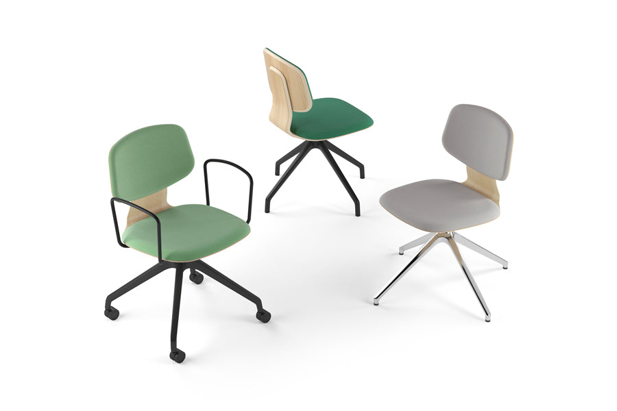 Jay Swivel Office Chair by Kollektiff, showing angle view of jay swivel office chair in 4-spikes with castors/category 3/armrests.
