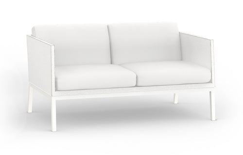 Jaydu 2-Seater Lounge Sofa by Mamagreen - Sand Category A, Stamskin Faux Leather Category, White Sunbrella Cushion.