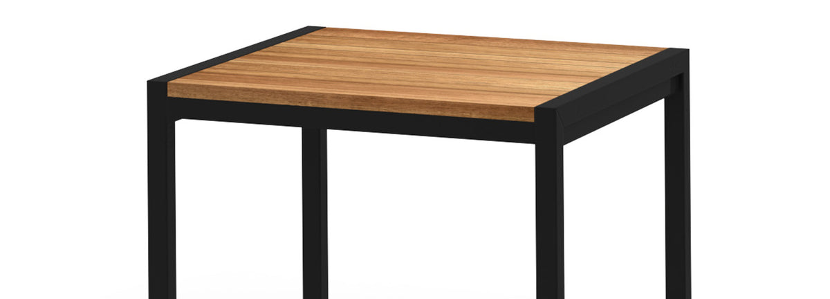 Jaydu Teak End Table by Mamagreen, showing closeup view of jaydu teak end table in black sand aluminum.