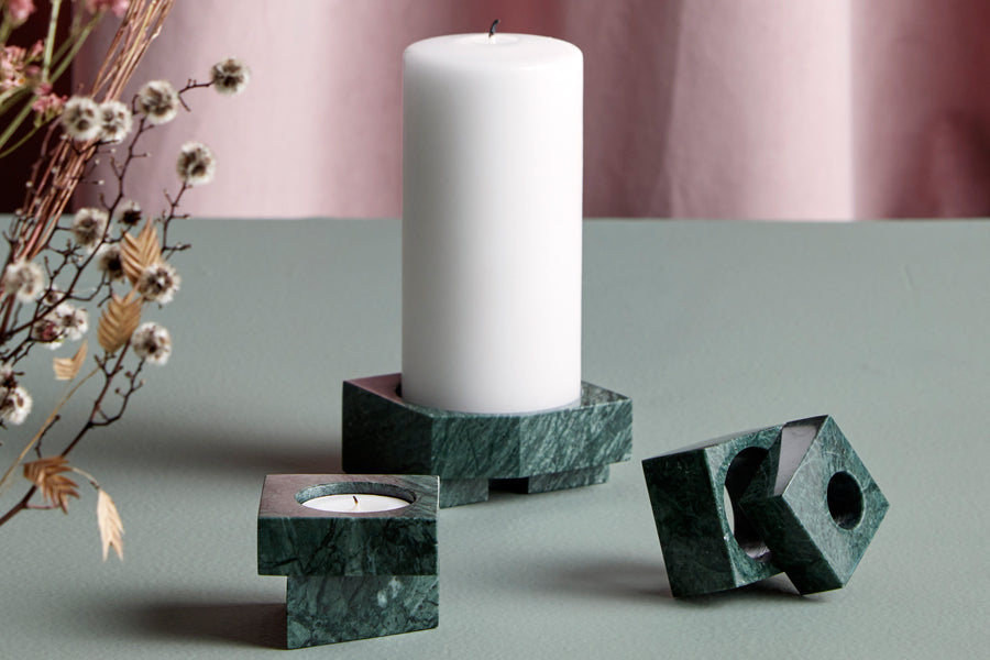 Jeu De Dés Candle Holder by Woud, showing jeu de dés candle holders in live shot.