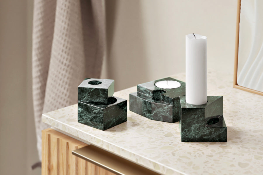 Jeu De Dés Candle Holder by Woud, showing jeu de dés candle holders in live shot.