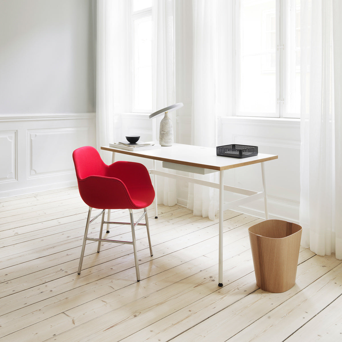 Journal Desk by Normann Copenhagen, showing journal desk with chair in live shot.
