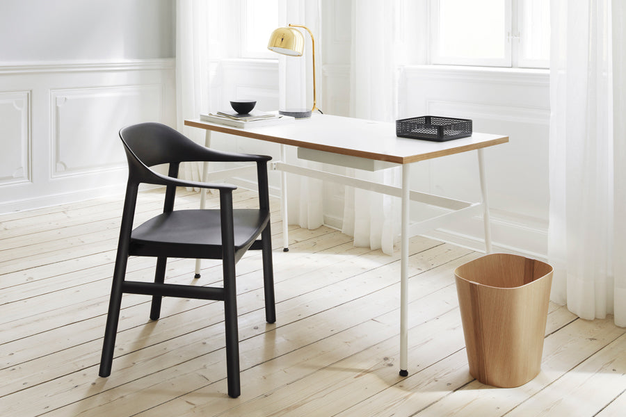 Journal Desk by Normann Copenhagen, showing journal desk with chair in live shot.