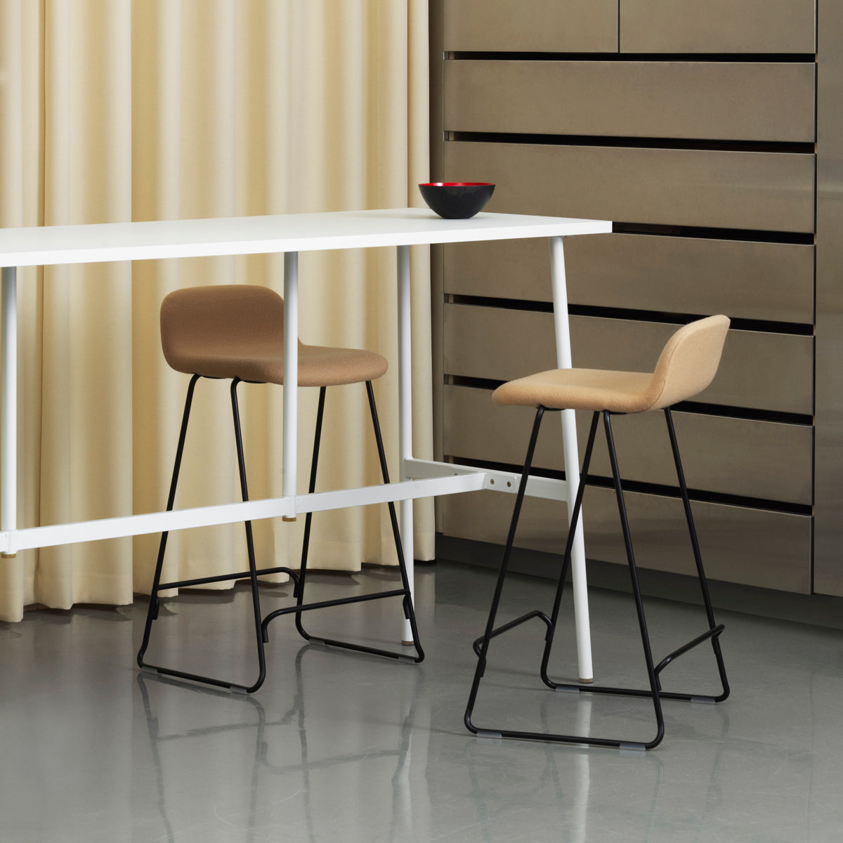 Just Full Upholstery Barstool with Backrest by Normann Copenhagen, showing just full upholstery barstools with backrest in live shot.