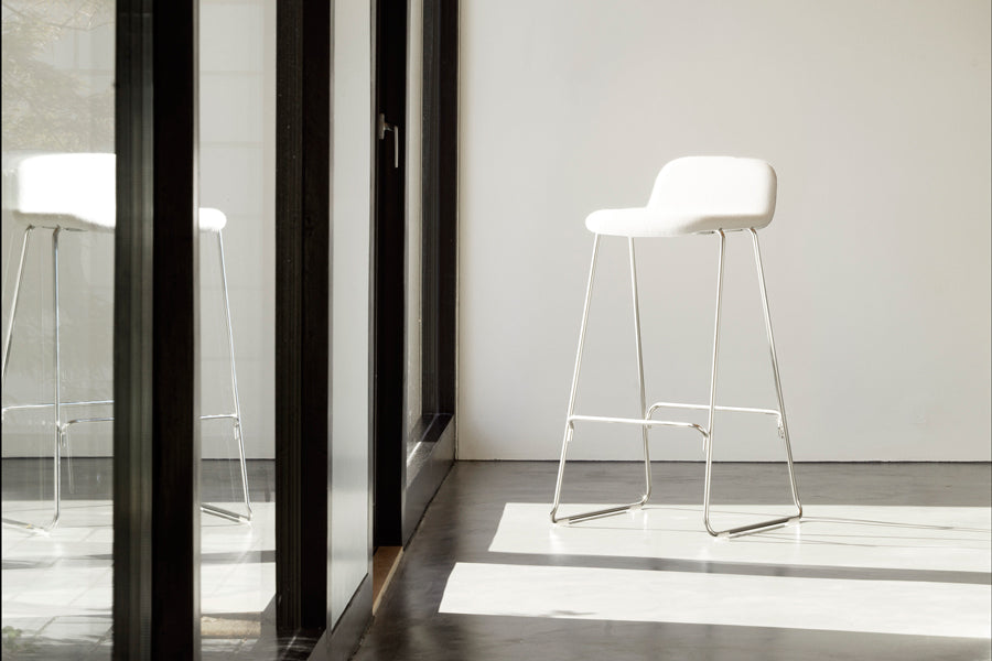 Just Full Upholstery Barstool with Backrest by Normann Copenhagen, showing just full upholstery barstool with backrest in live shot.