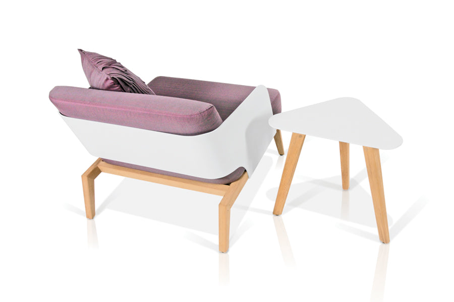 Kaat Teak 1-Seater Sofa by Mamagreen, showing back view of kaat teak 1-seater sofa in cotton ultra durable aluminum/ibiza sunbrella cushion.