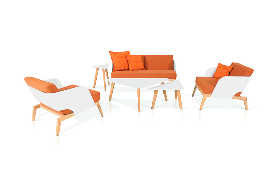 Kaat Teak 1-Seater Sofa by Mamagreen, showing different angle views of kaat teak 1-seater sofas in cotton ultra durable aluminum/coral sunbrella cushion.