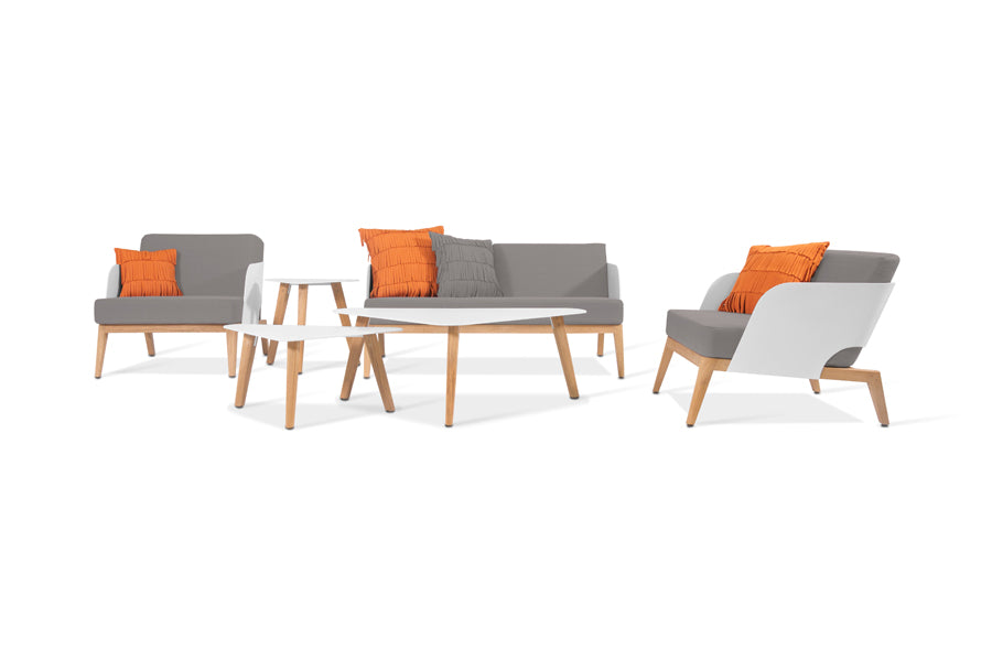Kaat Teak 1-Seater Sofa by Mamagreen, showing different angle views of kaat teak 1-seater sofas in cotton ultra durable aluminum/taupe sunbrella cushion.