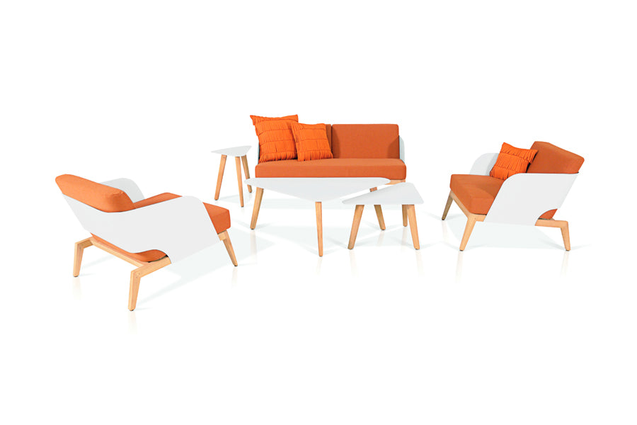 Kaat Teak 2-Seater Sofa by Mamagreen, showing different angle views of kaat teak 2-seater sofas in cotton ultra durable aluminum/coral sunbrella cushion.