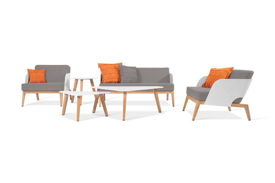 Kaat Teak 2-Seater Sofa by Mamagreen, showing different angle views of kaat teak 2-seater sofas in cotton ultra durable aluminum/taupe sunbrella cushion.