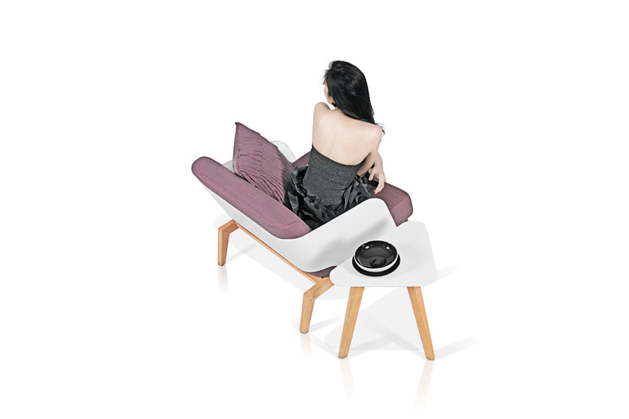 Kaat Teak Side Table by Mamagreen, showing top view of kaat teak side table in cotton ultra durable aluminum/premium teak wood.