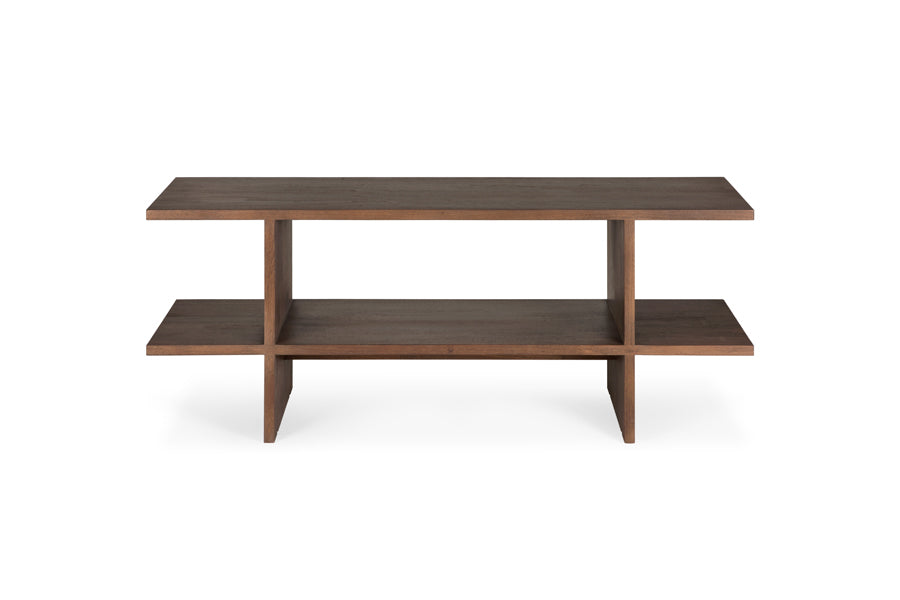 Kabuki Side Table by Ethnicraft, showing front view of kabuki side table in brown varnished teak.