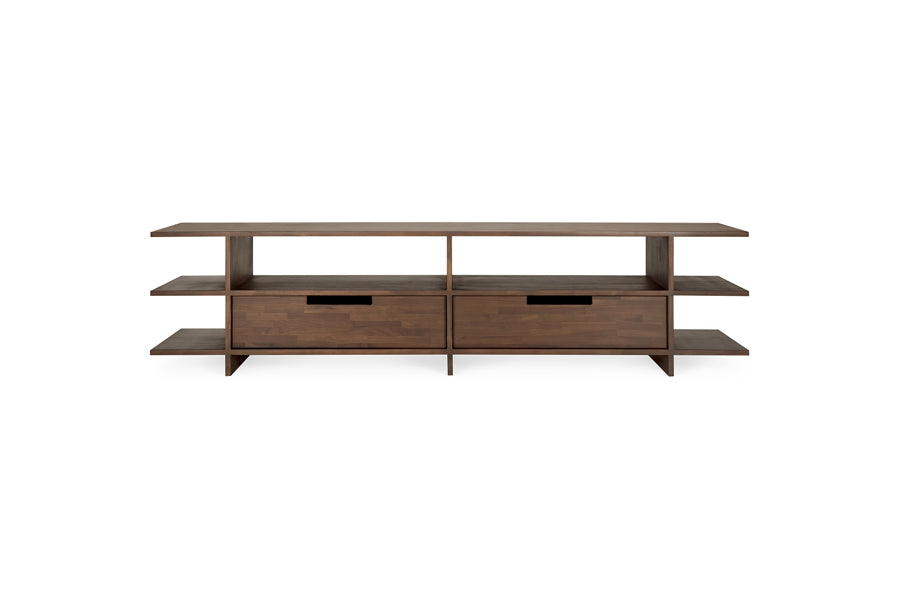 Kabuki TV Cupboard by Ethnicraft, showing front view of kabuki tv cupboard in brown varnished teak.