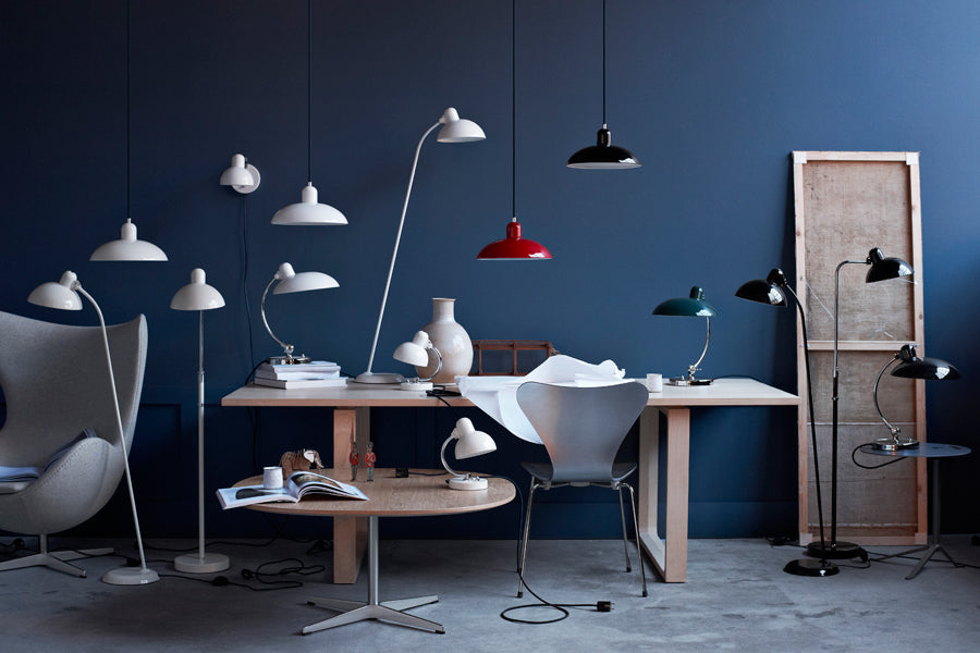 Kaiser Idell Floor Lamp by Fritz Hansen, showing kaiser idell floor lamps in live shot.