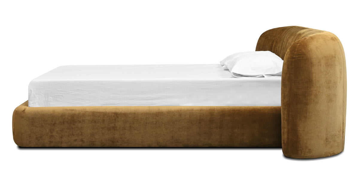 Kurv Upholstered Bed by Mobital, showing side view of kurv upholstered bed.