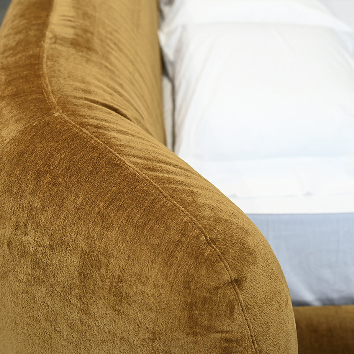 Kurv Upholstered Bed by Mobital, showing closeup view of kurv upholstered bed.