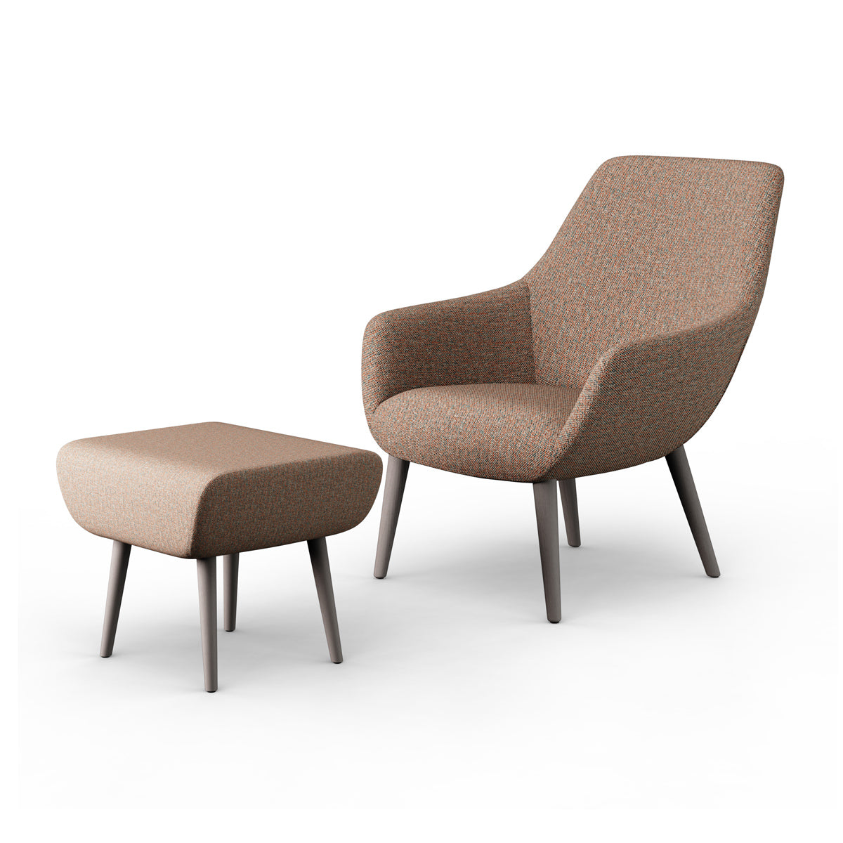 Lamy Ottoman by B&T, showing angle view of lamy ottoman in dowel wood/a group/ash wood group with lounge chair.