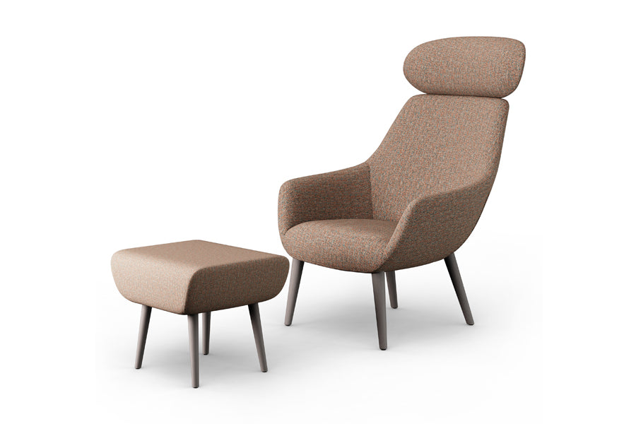 Lamy Ottoman by B&T, showing angle view of lamy ottoman in dowel wood/a group/ash wood group with lounge chair/headrest.