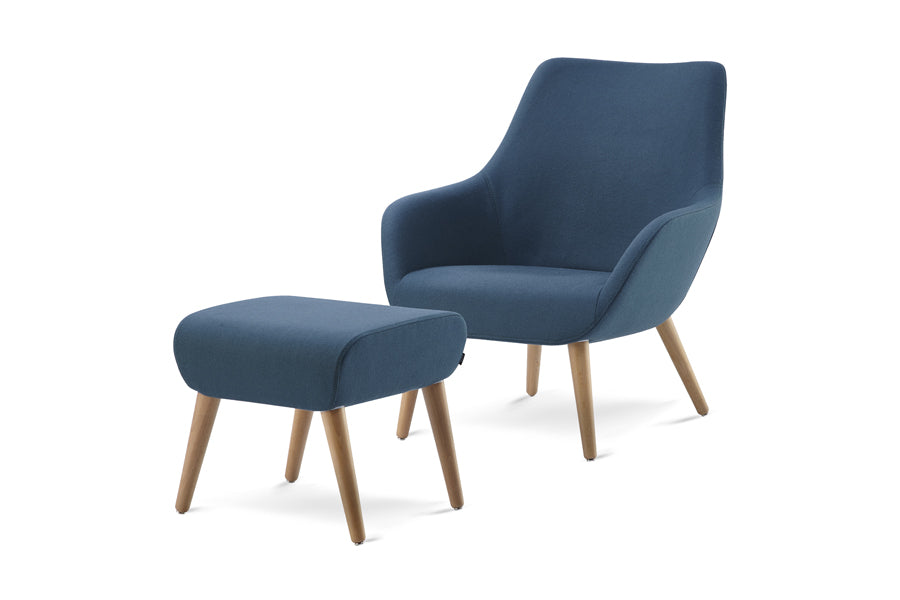 Lamy Ottoman by B&T, showing angle view of lamy ottoman in dowel wood/com/col group/ash wood group with lounge chair.