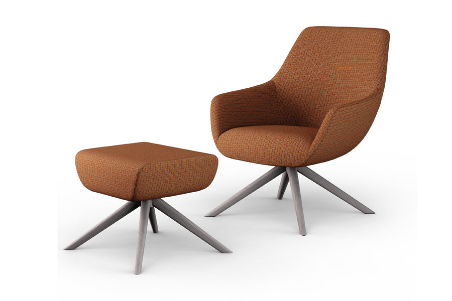 Lamy Ottoman by B&T, showing angle view of lamy ottoman in swivel wood/com/col group/ash wood group with lounge chair.