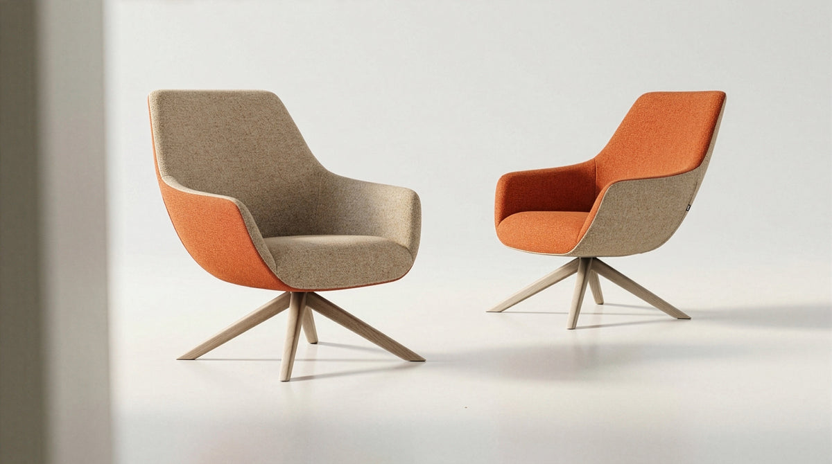 Lamy Wood Lounge Chair by B&T, showing closeup view of lamy wood lounge chairs in live shot.
