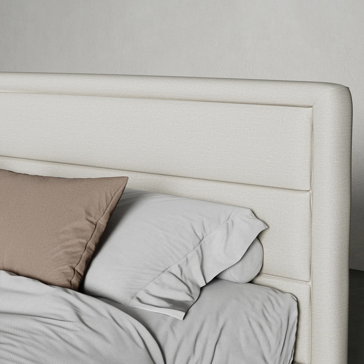 Lenor Bed by Viesso, showing closeup view of lenor bed in live shot.