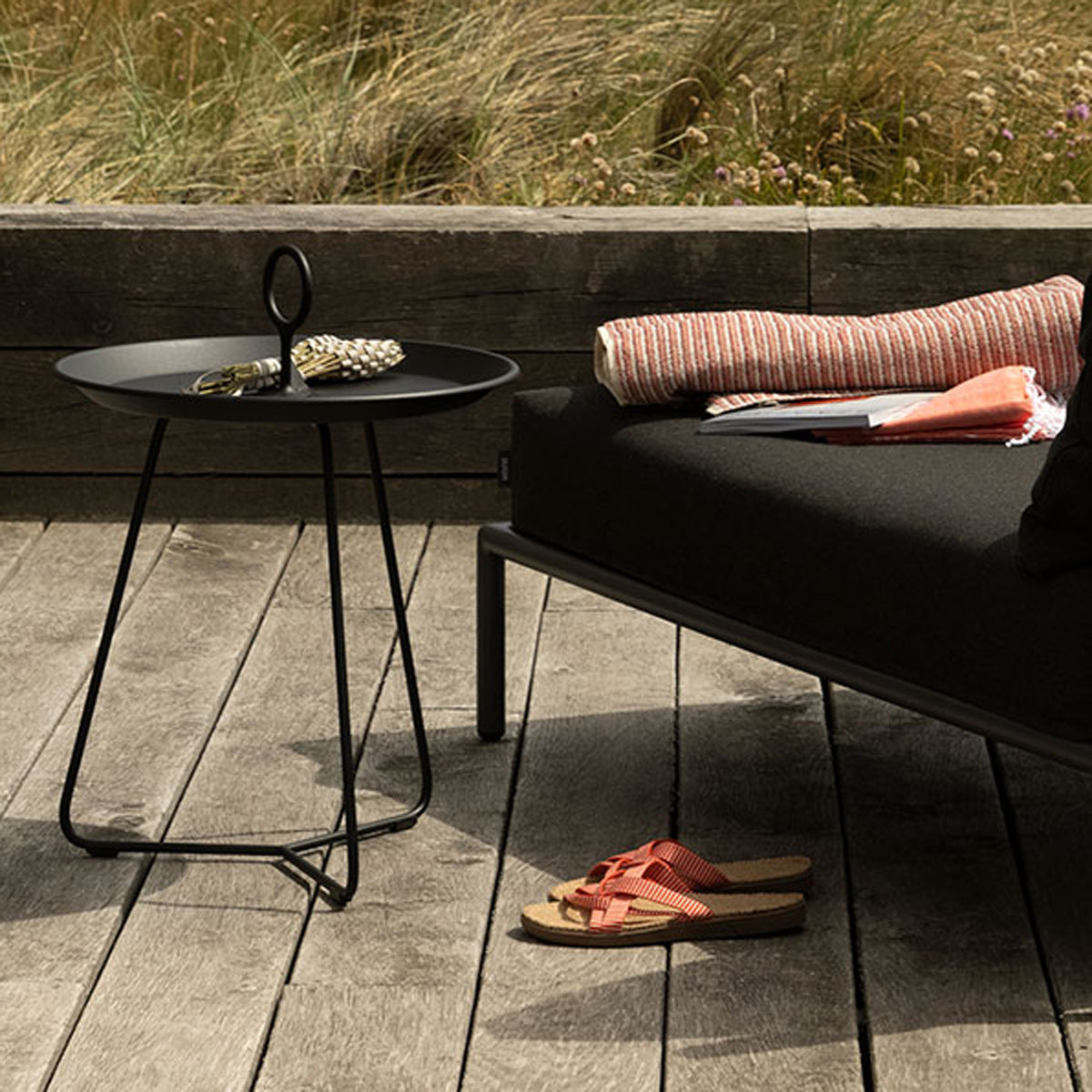 Level 2 Outdoor Chaiselong Lounge Sectional by Houe, showing closeup view of level 2 outdoor chaiselong lounge sectional in live shot.