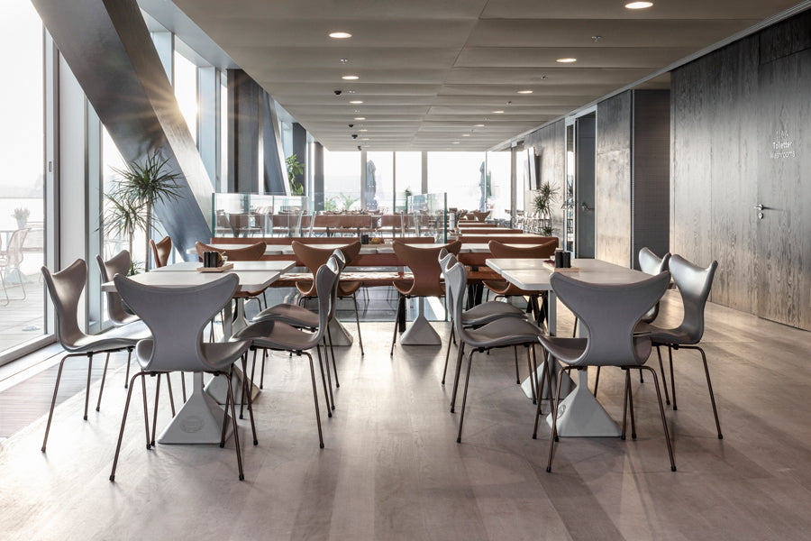 Lily Chair by Fritz Hansen, showing lily chairs in live shot.