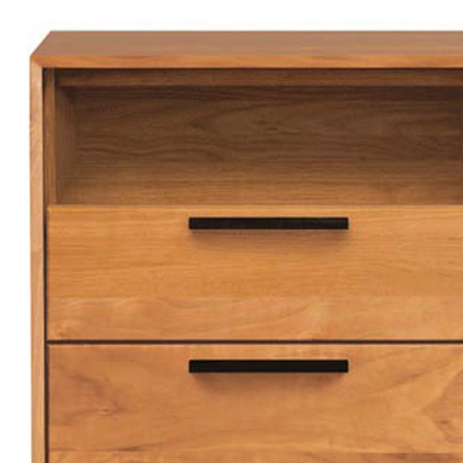 Linear Office File Storage by Copeland Furniture, showing closeup view of linear office file storage in narrow storage with cubby/natural cherry.