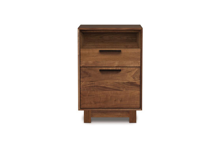 Linear Office File Storage by Copeland Furniture, showing front view of linear office file storage in narrow file storage with cubby/natural walnut.