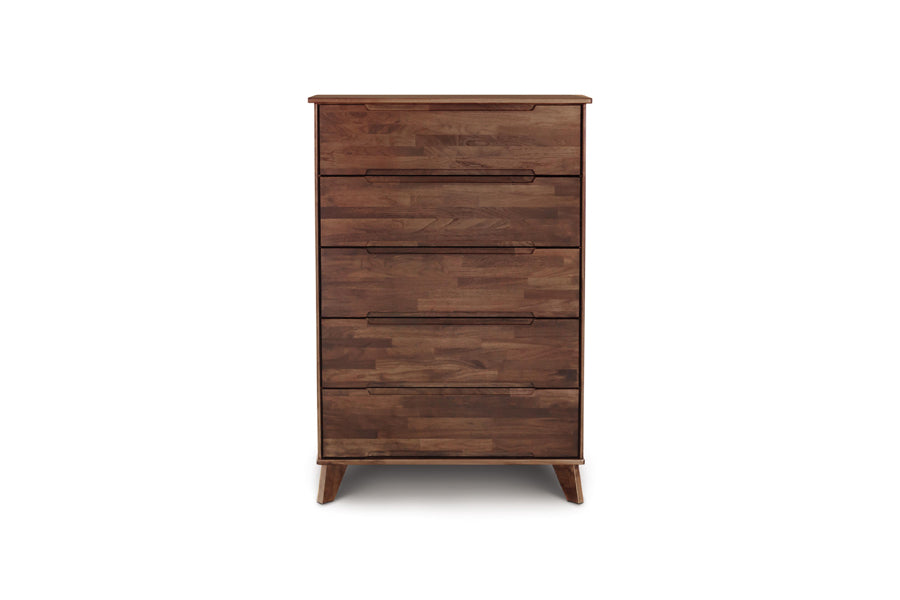Linn Dresser by Copeland Furniture, showing front view of linn dresser in 5 drawers wide/natural walnut.