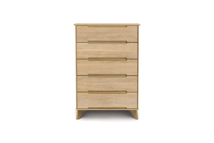 Linn Dresser by Copeland Furniture, showing front view of linn dresser in 5 drawers narrow/natural oak.