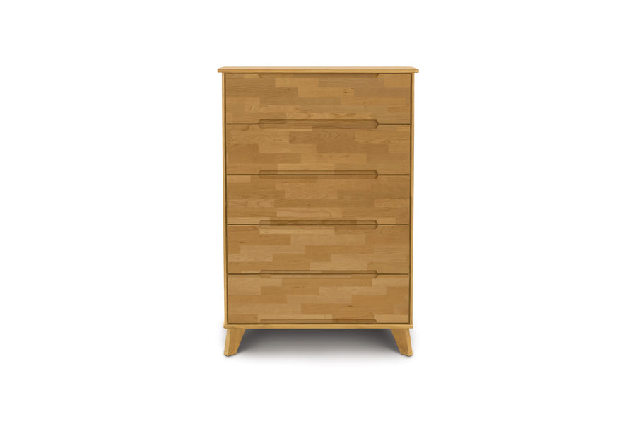 Linn Dresser by Copeland Furniture, showing front view of linn dresser in 5 drawers narrow/natural cherry.