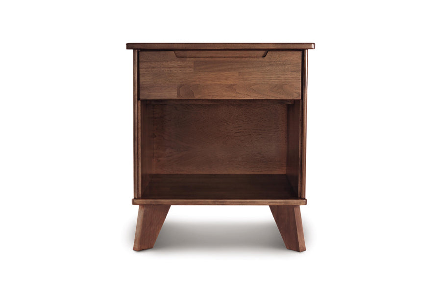 Linn Nightstand by Copeland Furniture, showing front view of linn nightstand in natural walnut.