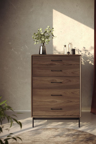 Linq 5 Drawer Chest by BDI, showing linq 5 drawer chest in live shot.