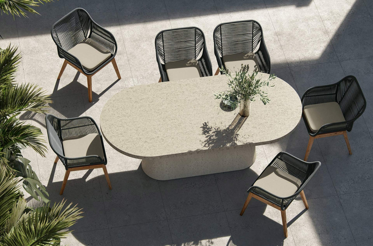Liora Outdoor Dining Chair by Viesso, showing liora outdoor dining chairs in live shot.