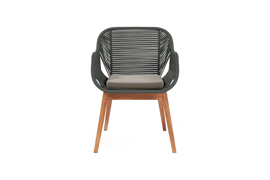 Liora Outdoor Dining Chair by Viesso, showing front view of liora outdoor dining chair in charcoal rope.