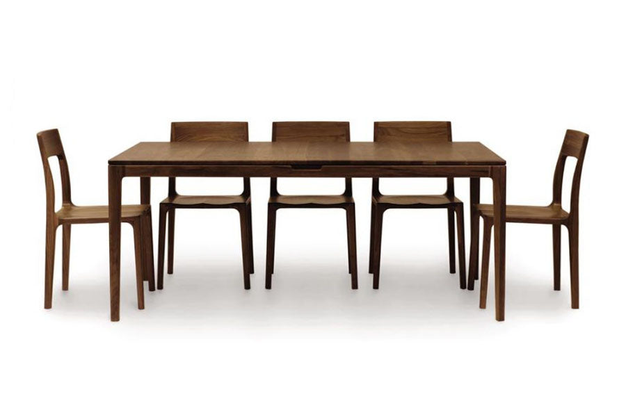 Lisse Extension with Easystow Extension and Leaf Storage Table by Copeland Furniture, showing lisse extension with easystow extension and leaf storage table with chairs.