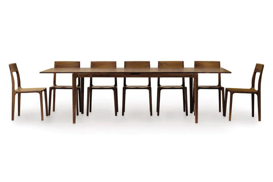 Lisse Extension with Easystow Extension and Leaf Storage Table by Copeland Furniture, showing lisse extension with easystow extension and leaf storage table with chairs.