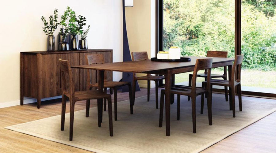 Lisse Extension with Easystow Extension and Leaf Storage Table by Copeland Furniture, showing lisse extension with easystow extension and leaf storage table with chairs in live shot.
