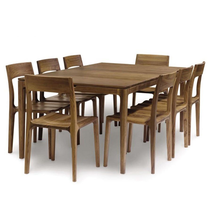 Lisse Extension with Easystow Extension and Leaf Storage Table by Copeland Furniture, showing lisse extension with easystow extension and leaf storage table with chairs.