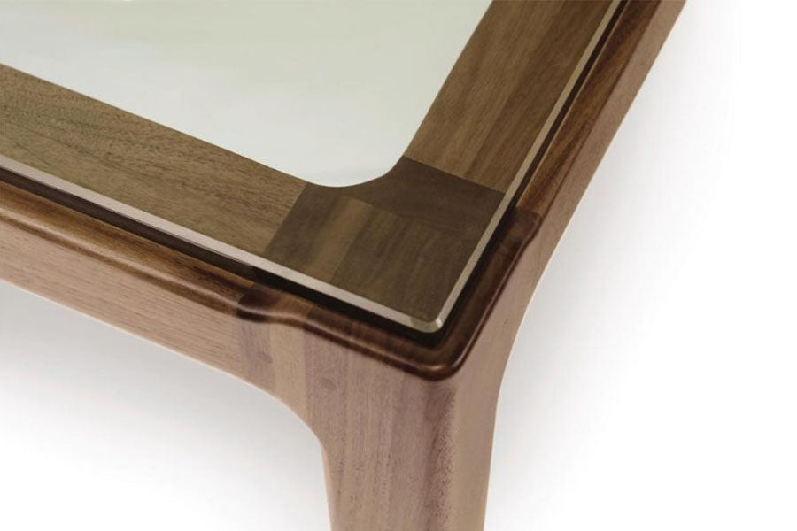 Lisse Glass Top Table by Copeland Furniture, showing closeup view of lisse glass top table.